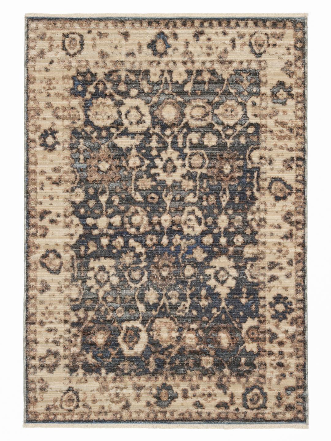 Donkergrijs en beige vloerkleed met traditionele vervaagde motieven en delicate franjes