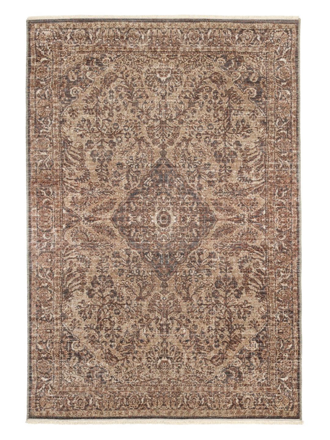 Tapis rouge traditionnel avec un motif de médaillon floral et des franges