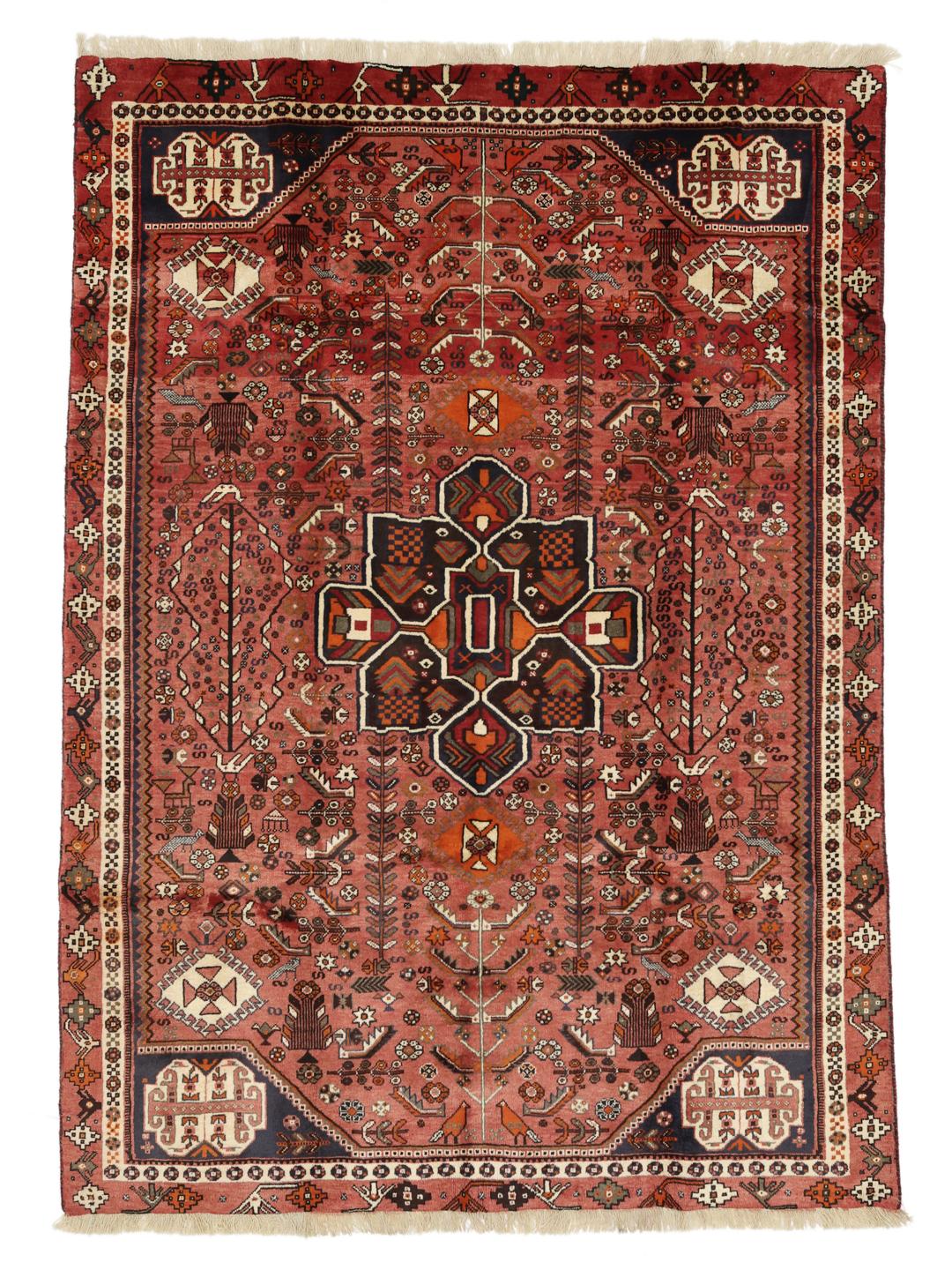 Hand-knotted Shiraz rug from the Middle East in vibrant red and earthy tones