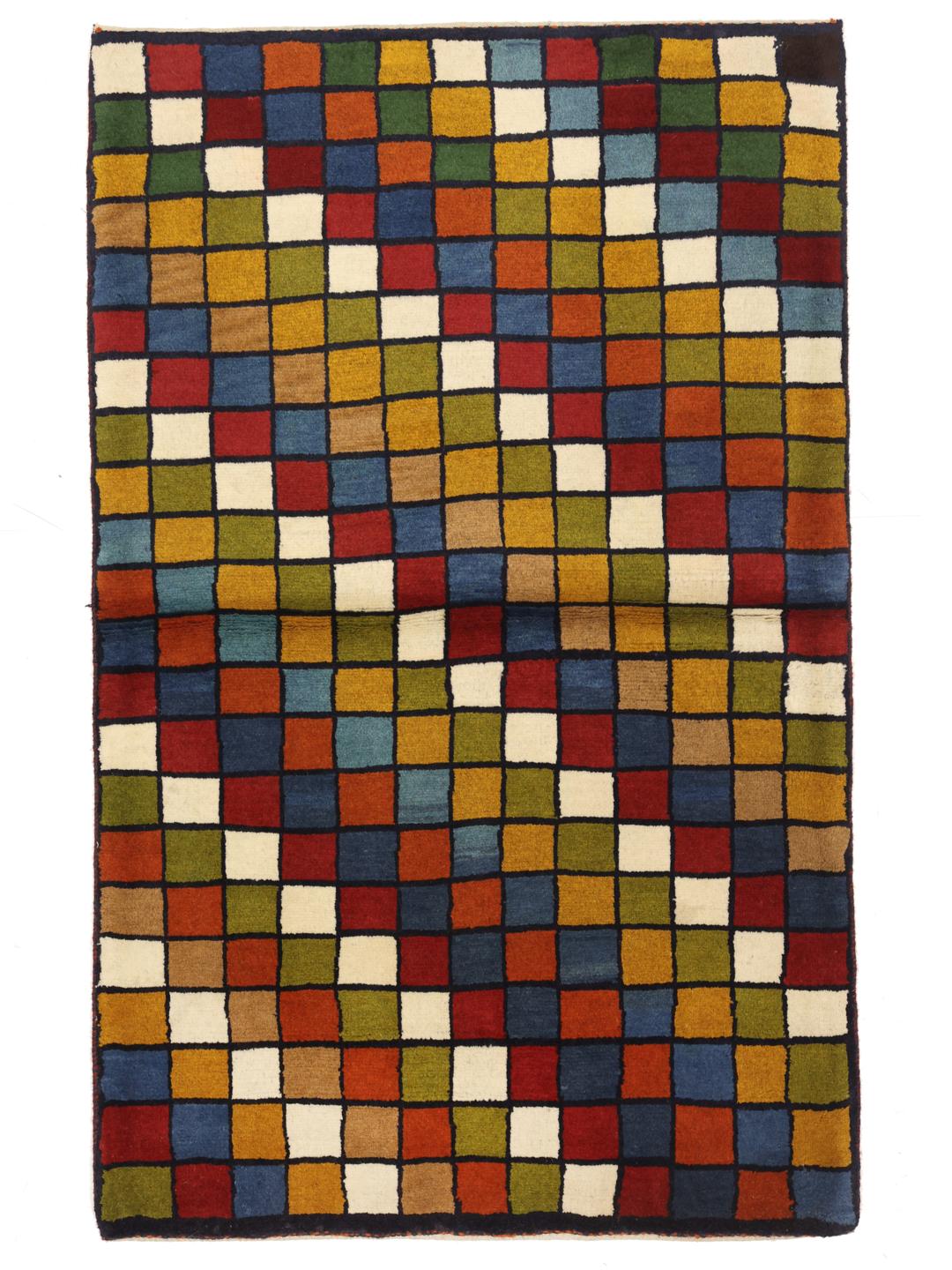 Hand-knotted Gabbeh rug from the Middle East featuring a vibrant multicolor grid pattern