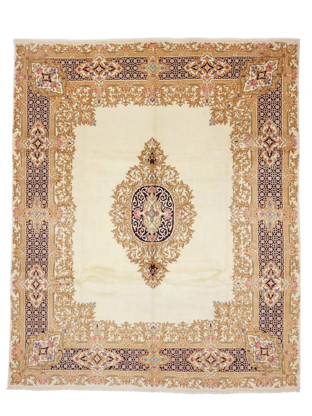 Met de hand geknoopt beige Kerman-tapijt met ingewikkeld floraal medaillon en sierlijke randen