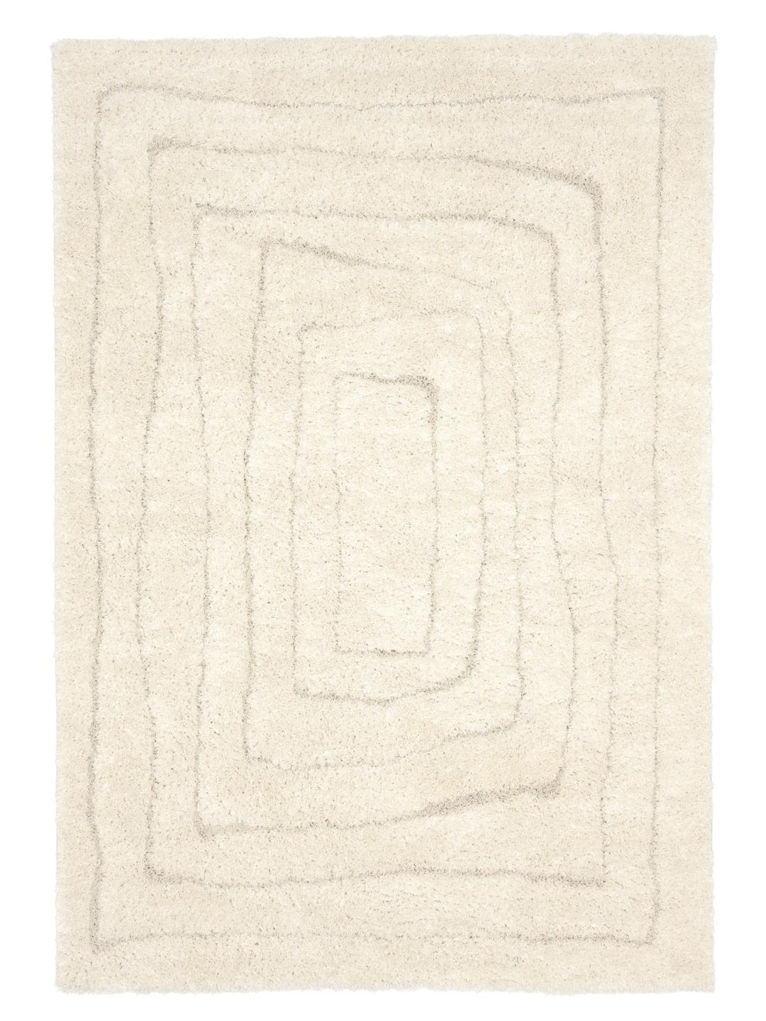 Een hoogpolig wit vloerkleed met een minimalistisch organisch lijnenpatroon