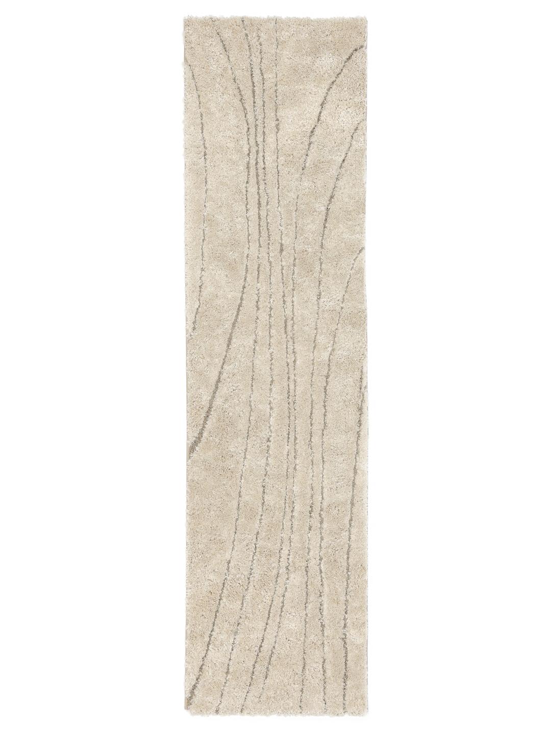 Beige loper vloerkleed met een zachte hoge pool en subtiele organische golvende lijnen