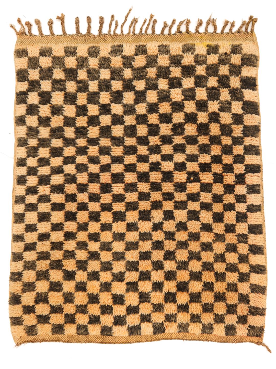 Vintage Berber marokkansk tæppe med et ternet mønster i beige og sort