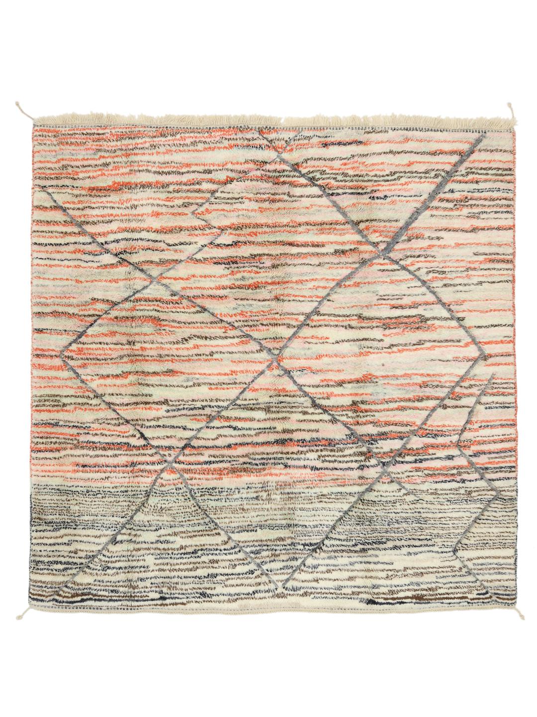 Handgeknoopt Marokkaans Beni Ouarain-tapijt met een ruitpatroon in beige, oranje en grijs