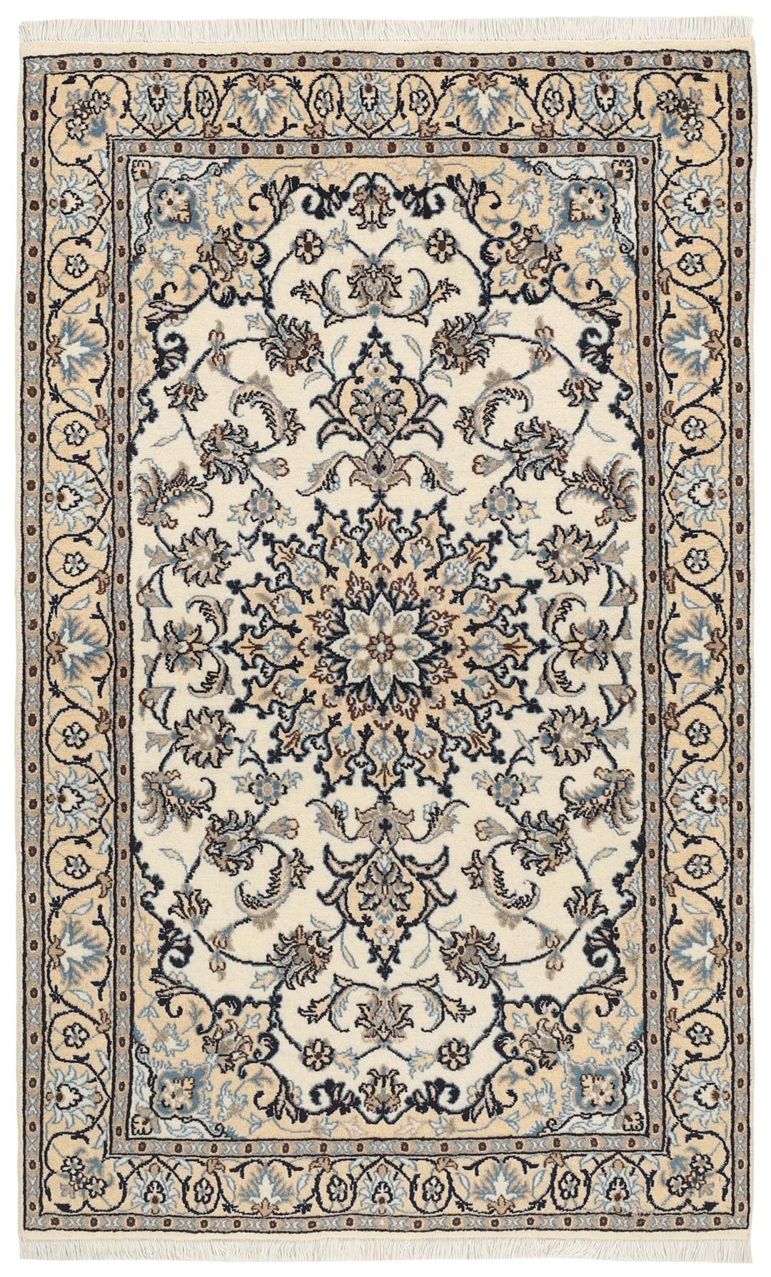 Hand-knotted Nain rug from the Middle East with a beige and blue floral pattern.