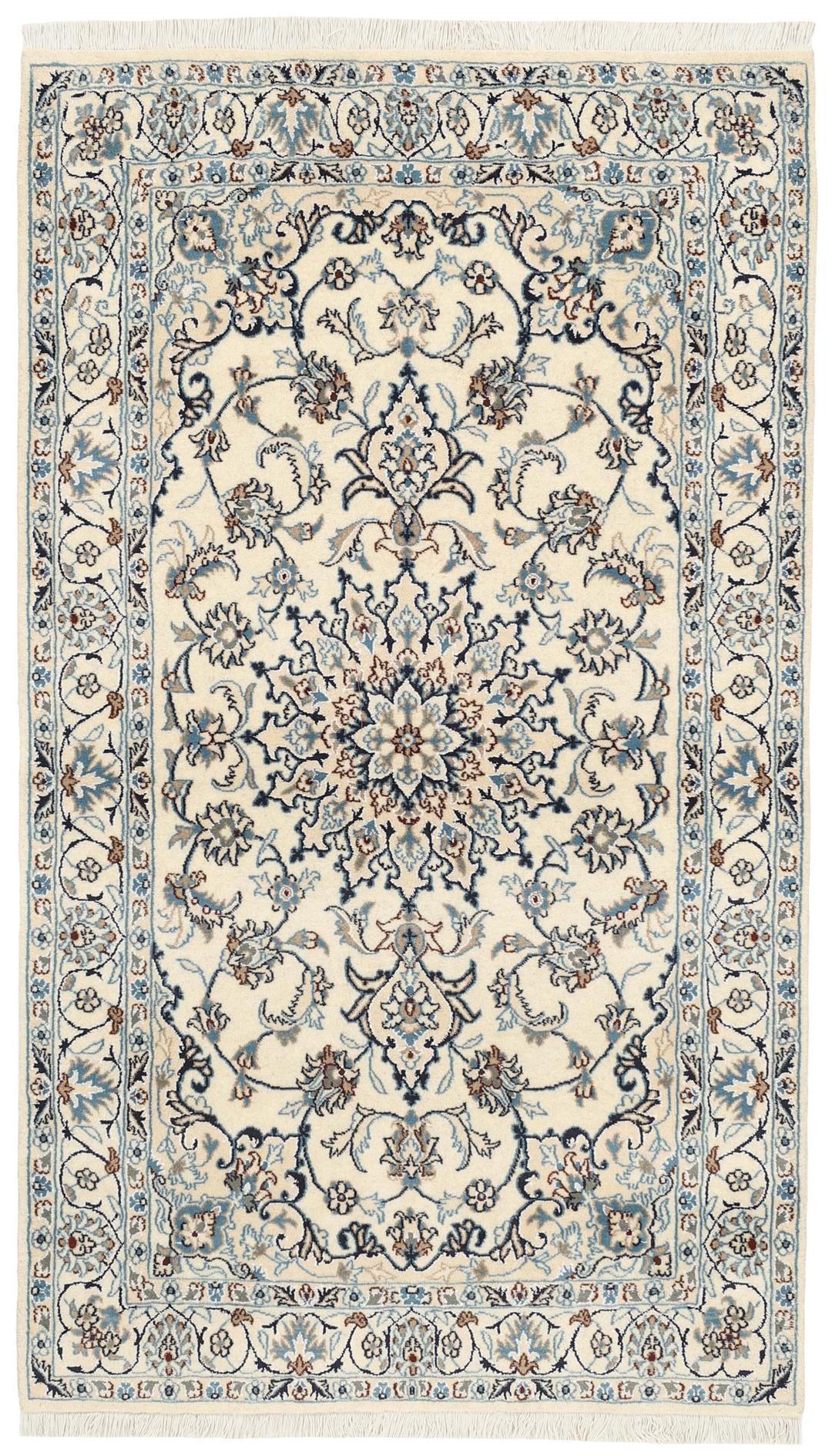 Hand-knotted Nain rug from the Middle East with a floral medallion on a beige background.