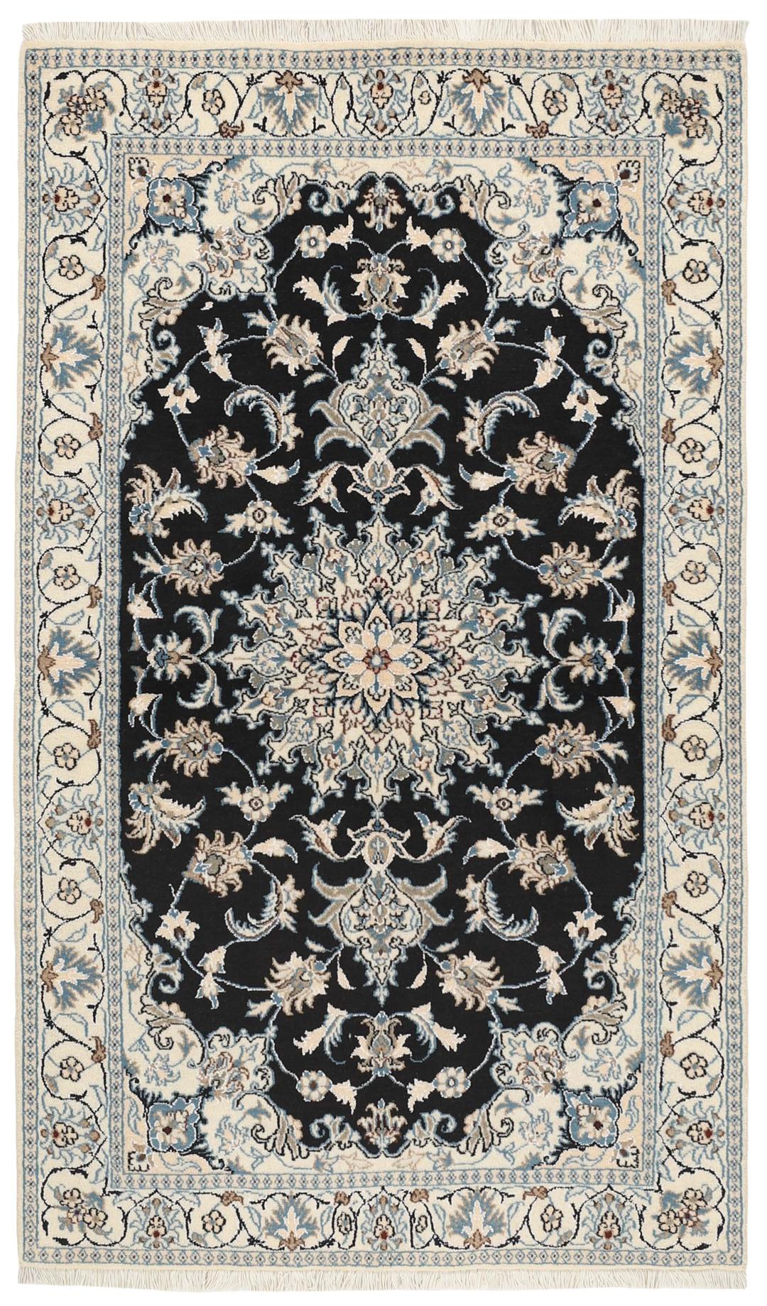 Hand-knotted Nain rug from the Middle East in black and blue