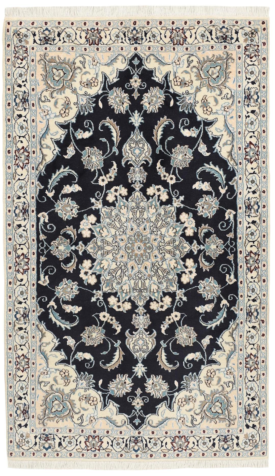 Hand-knotted Nain rug from the Middle East featuring a black and beige floral medallion design.