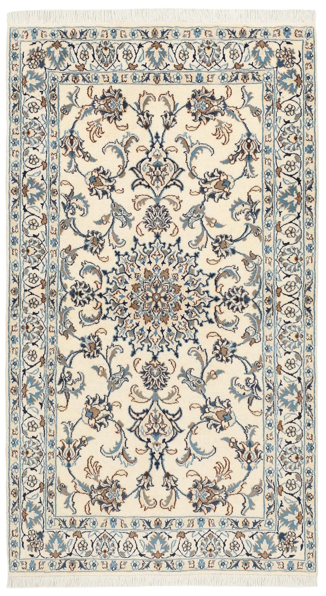 A rectangular Nain rug from the Middle East with a beige field and blue floral patterns.