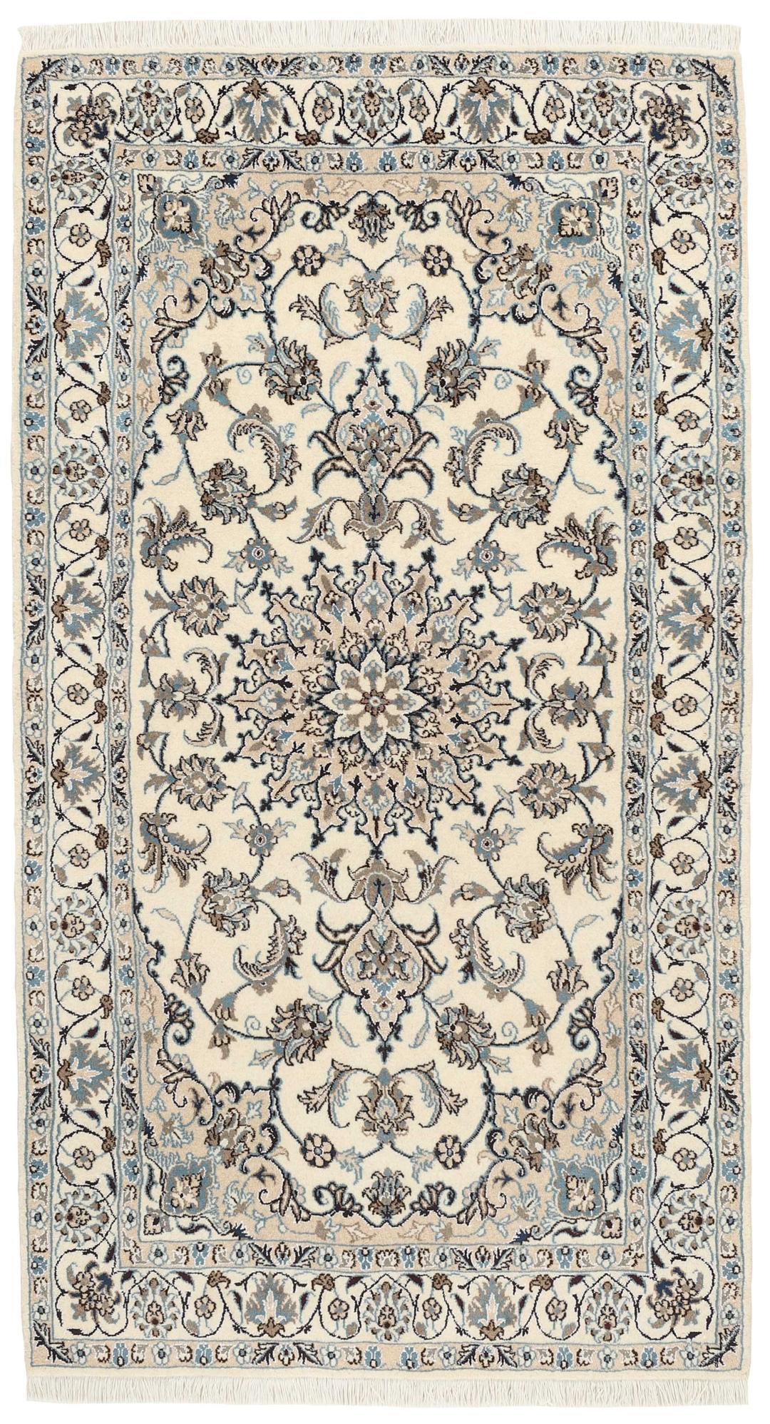A sophisticated hand-knotted Nain rug from the Middle East in elegant beige tones.