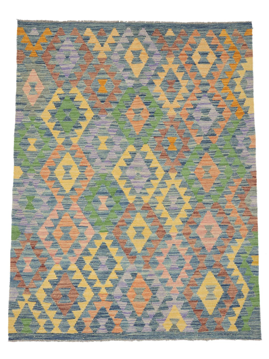 Hand-woven Afghan Kelim rug featuring a colourful geometric diamond pattern