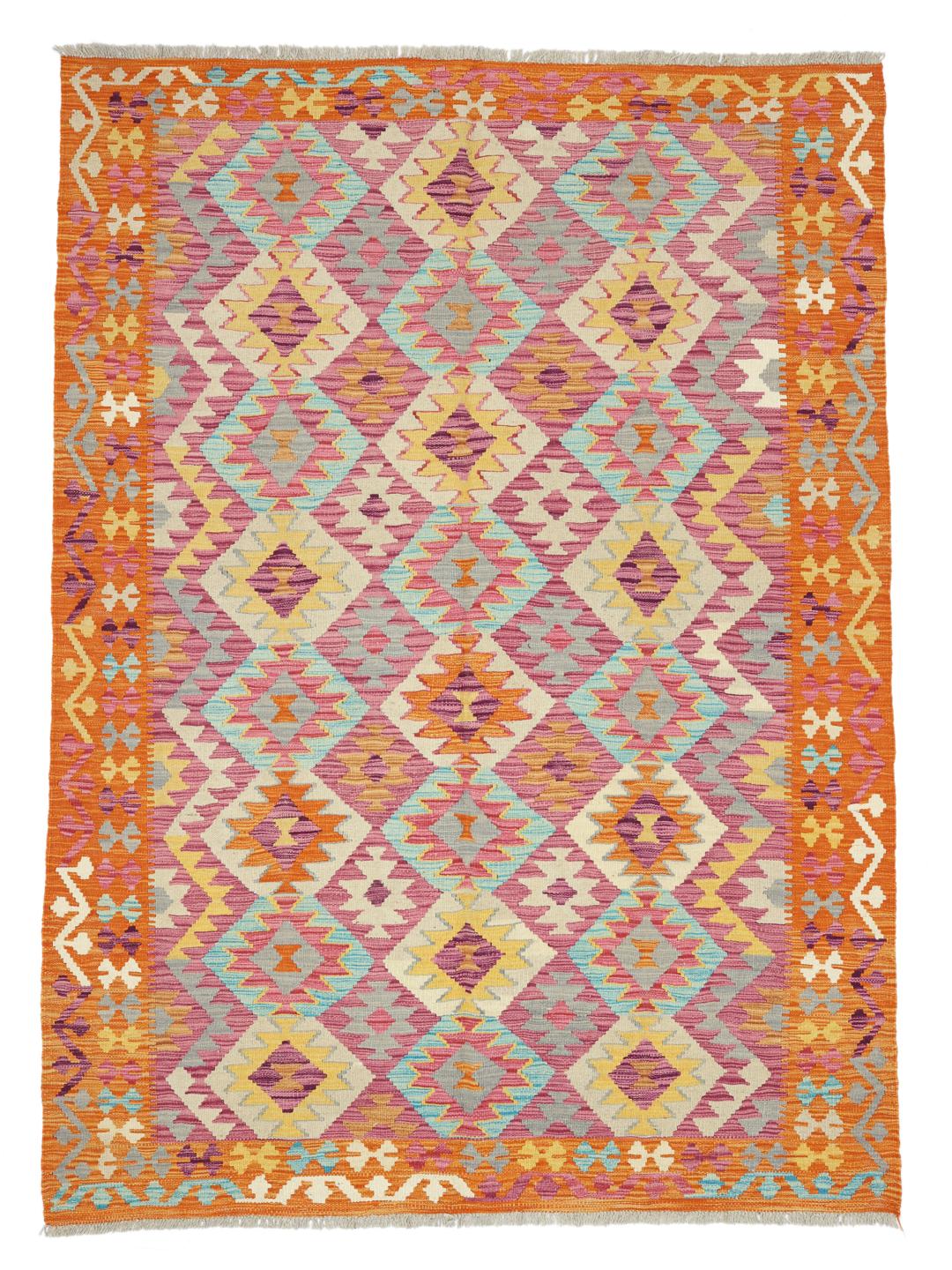 Hand-woven Afghan Kelim rug featuring a vibrant multicolor geometric pattern