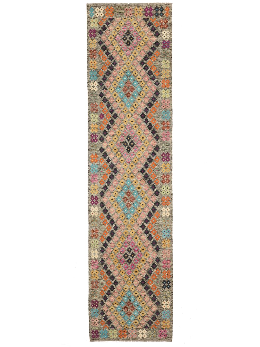 Hand-woven Afghan runner with colourful geometric patterns on a grey background