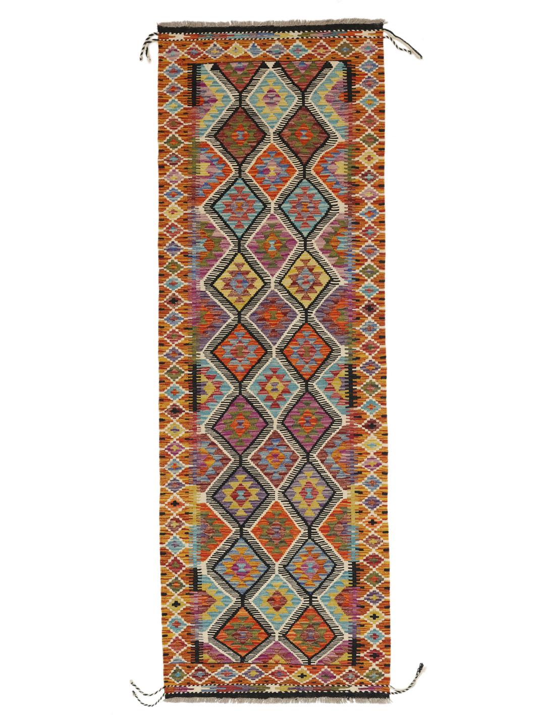 Hand-woven Afghan runner with a vibrant geometric diamond pattern in multicolor Wool