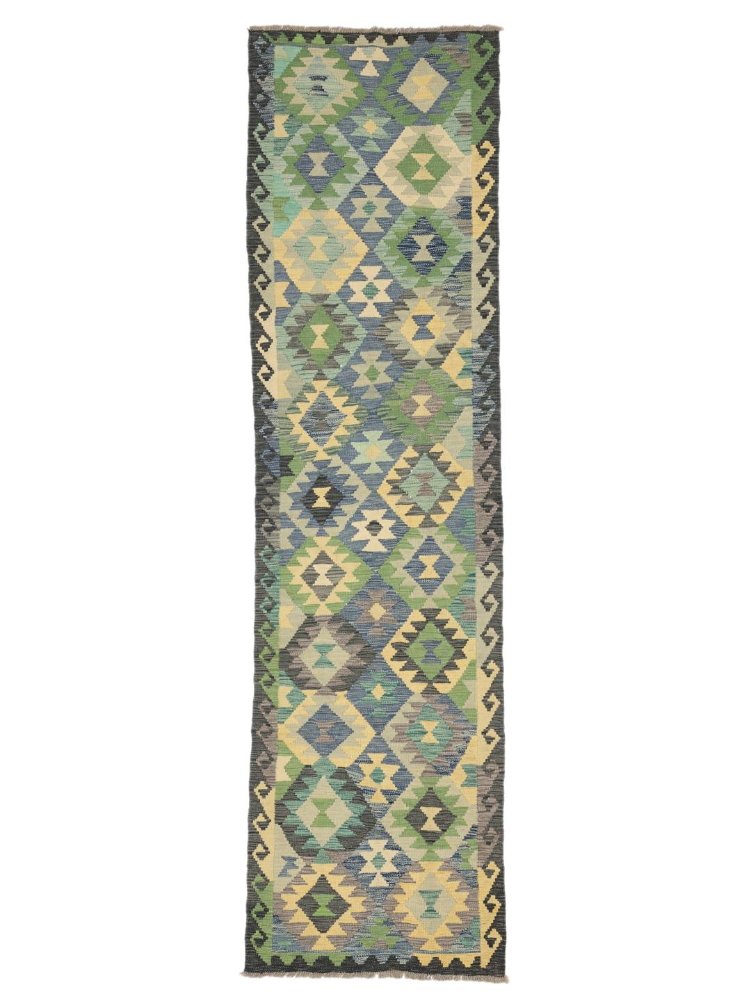 Hand-woven Afghan runner with colourful geometric patterns in Wool