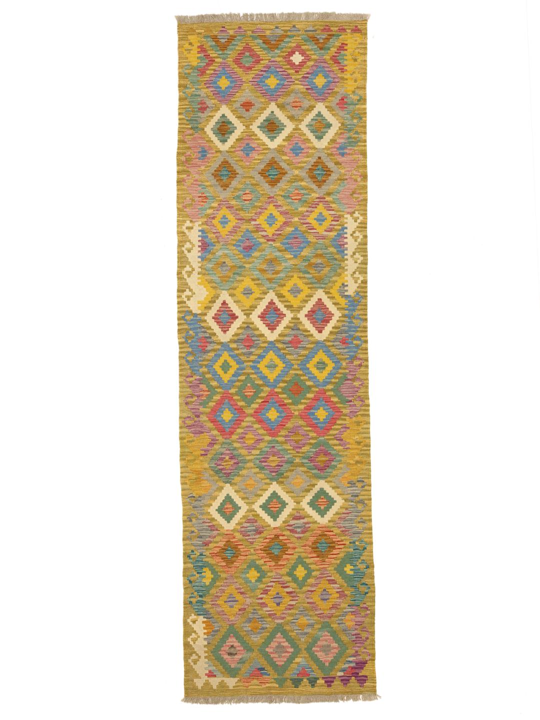 Hand-woven runner with a vibrant multicolor geometric diamond pattern