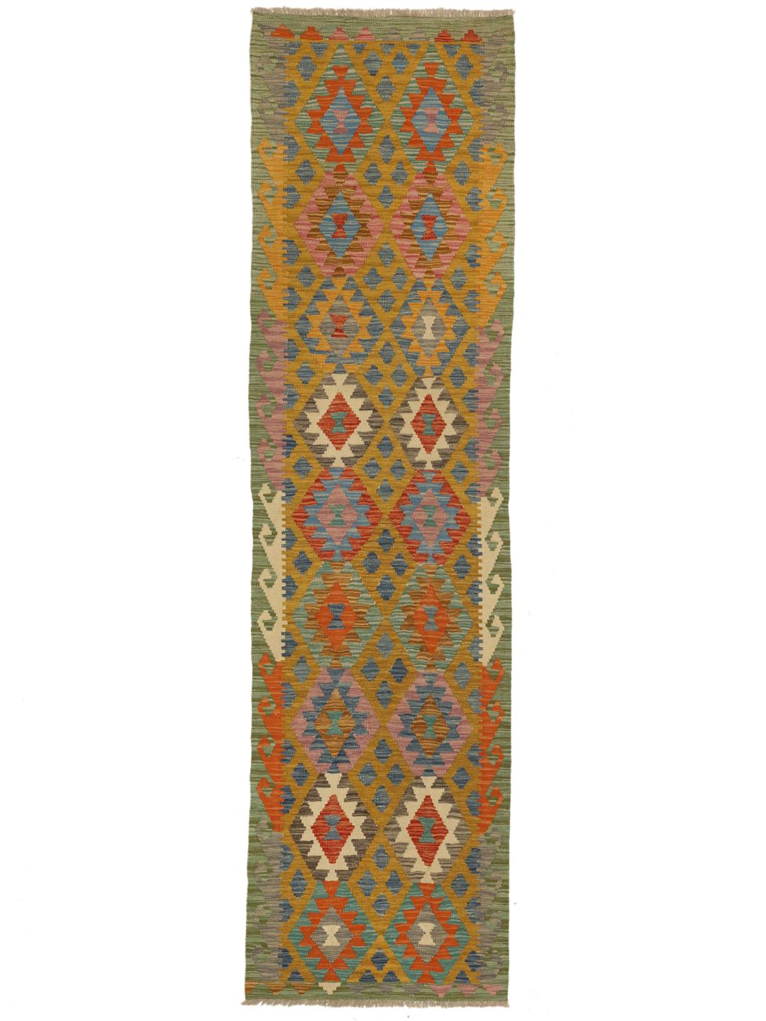 A hand-woven, multicolored Afghan runner rug with a diamond pattern