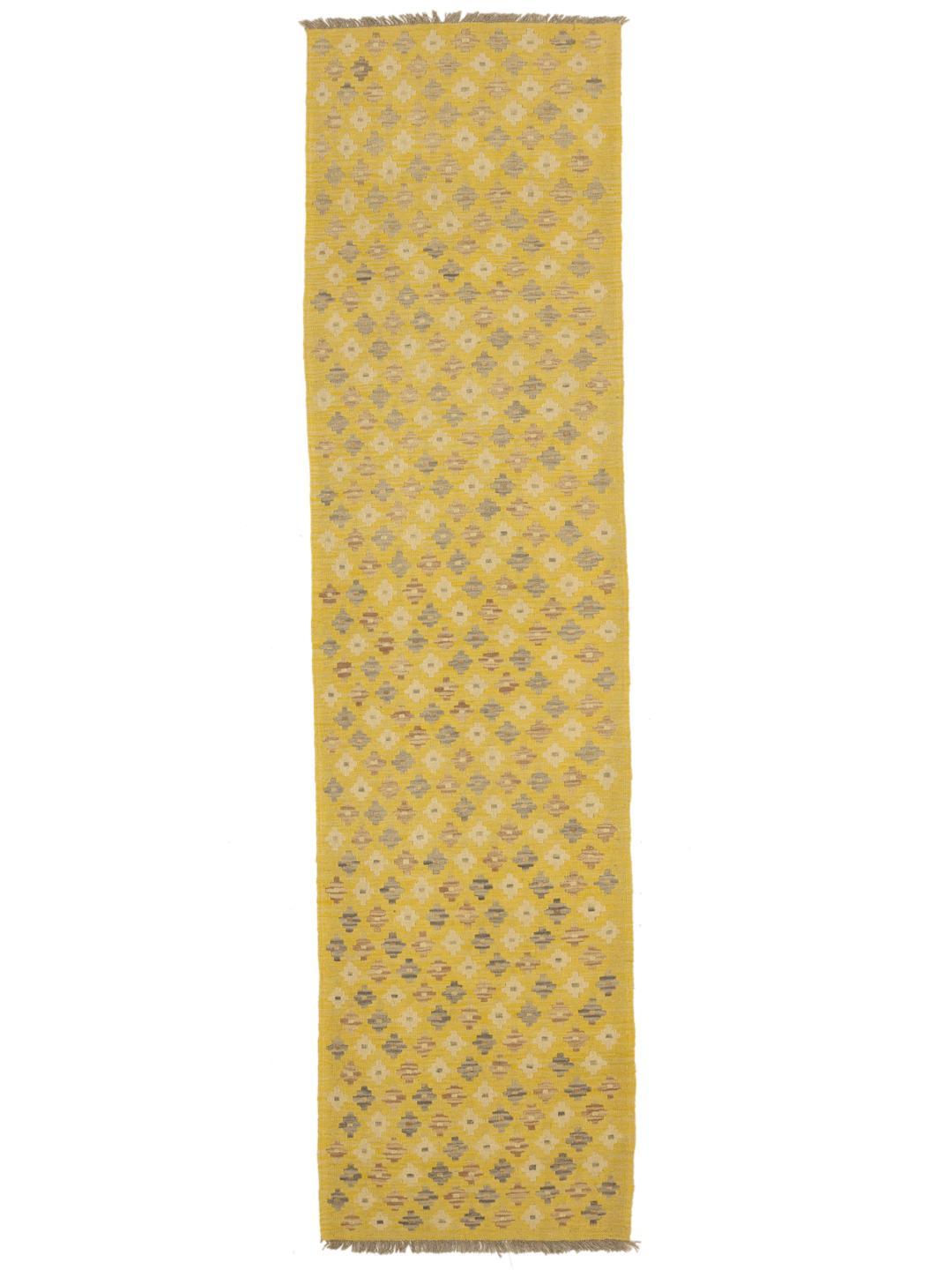 Hand-woven yellow Kelim Afghan Old Style runner with geometric motifs