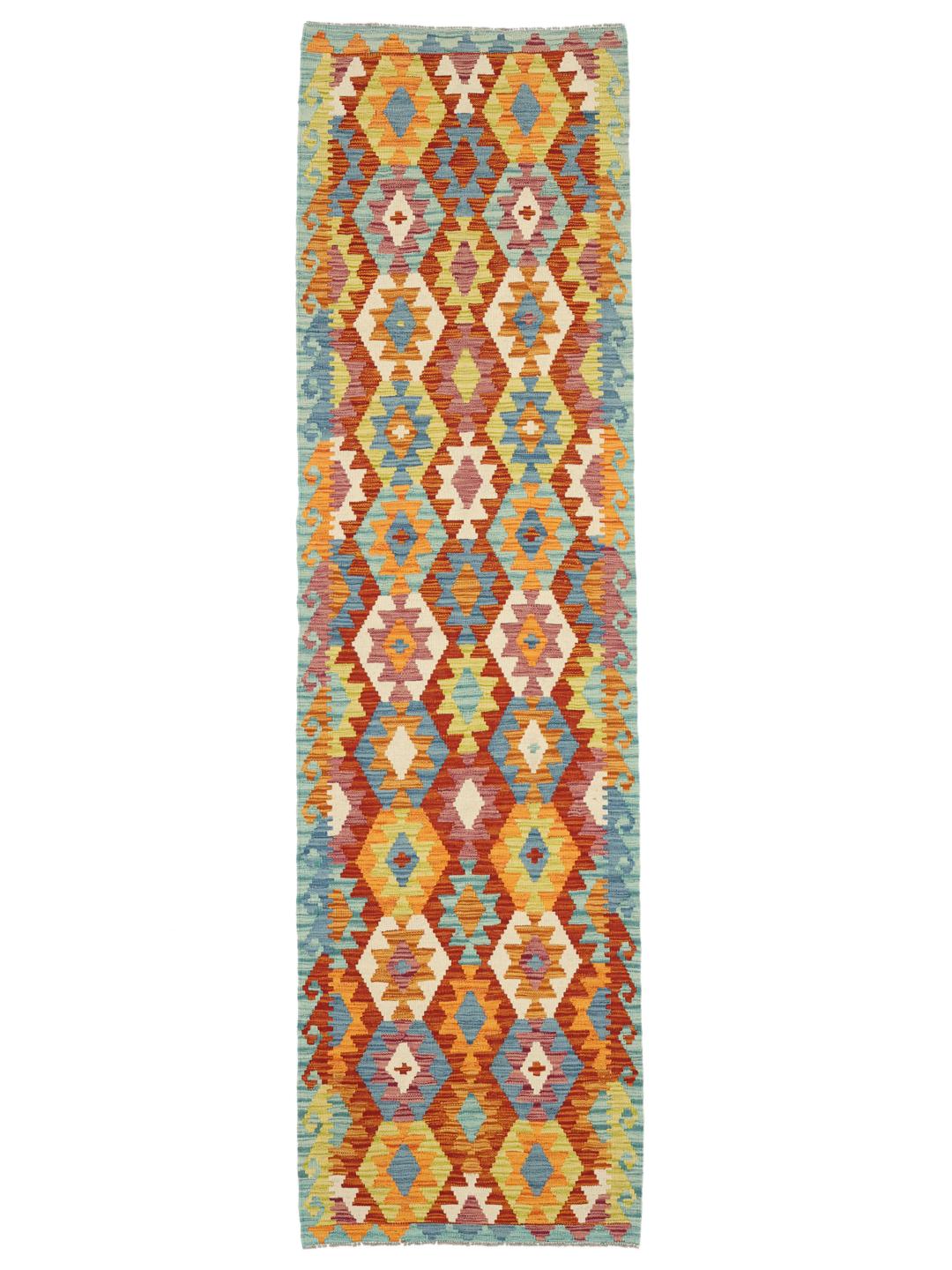 Hand-woven Afghan runner with a geometric pattern in multicolour Wool