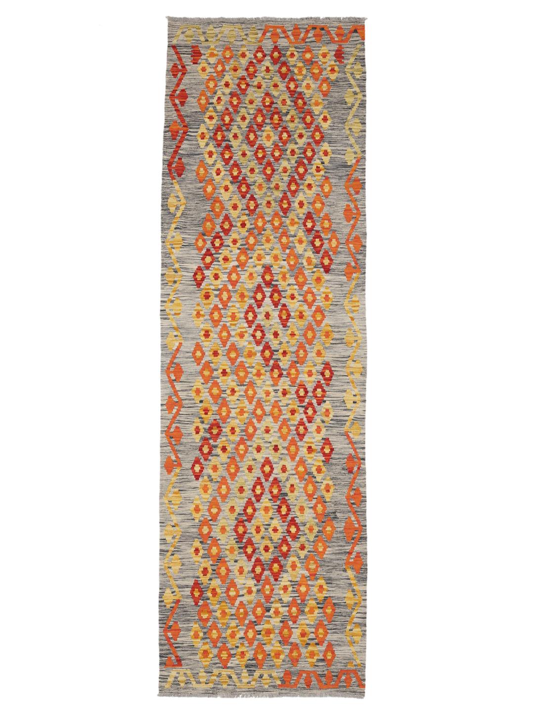 Hand-woven Afghan runner with vibrant geometric patterns in multicolor Wool