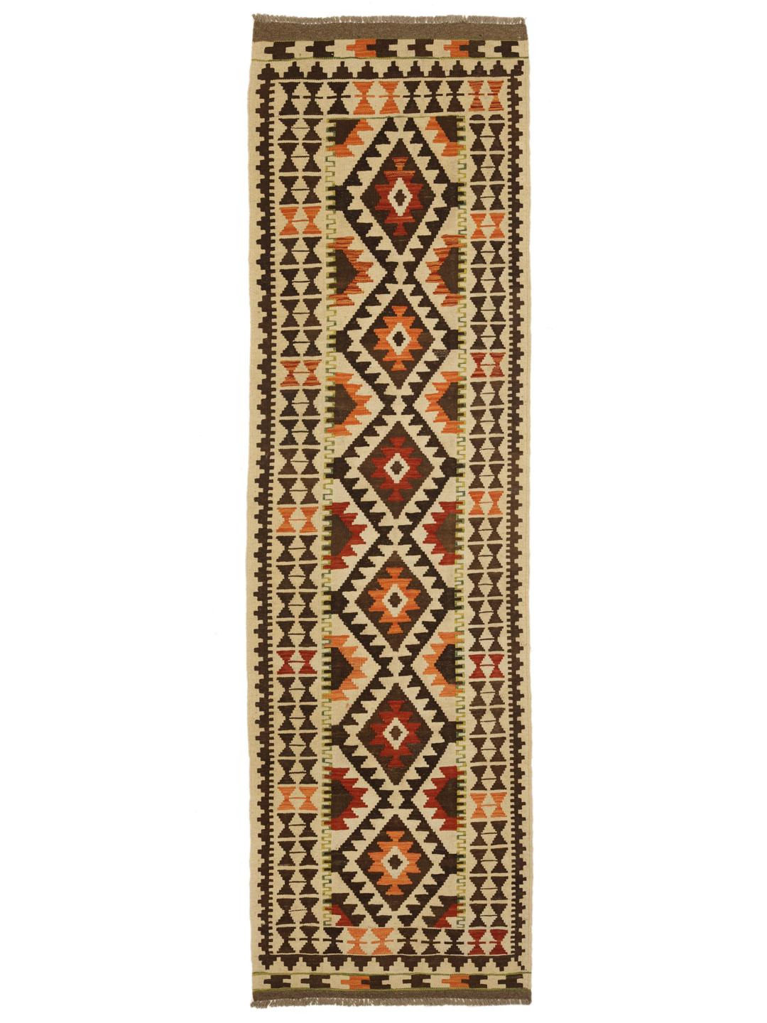 Handmade Afghan wool runner rug in beige and brown