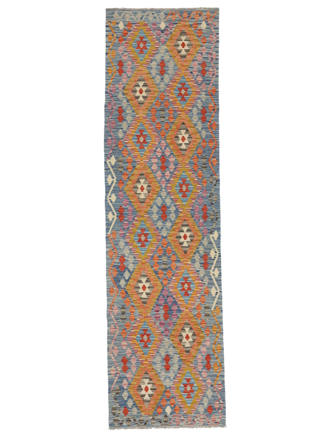 Hand-woven Afghan runner with vibrant geometric diamond patterns in a multicolor palette