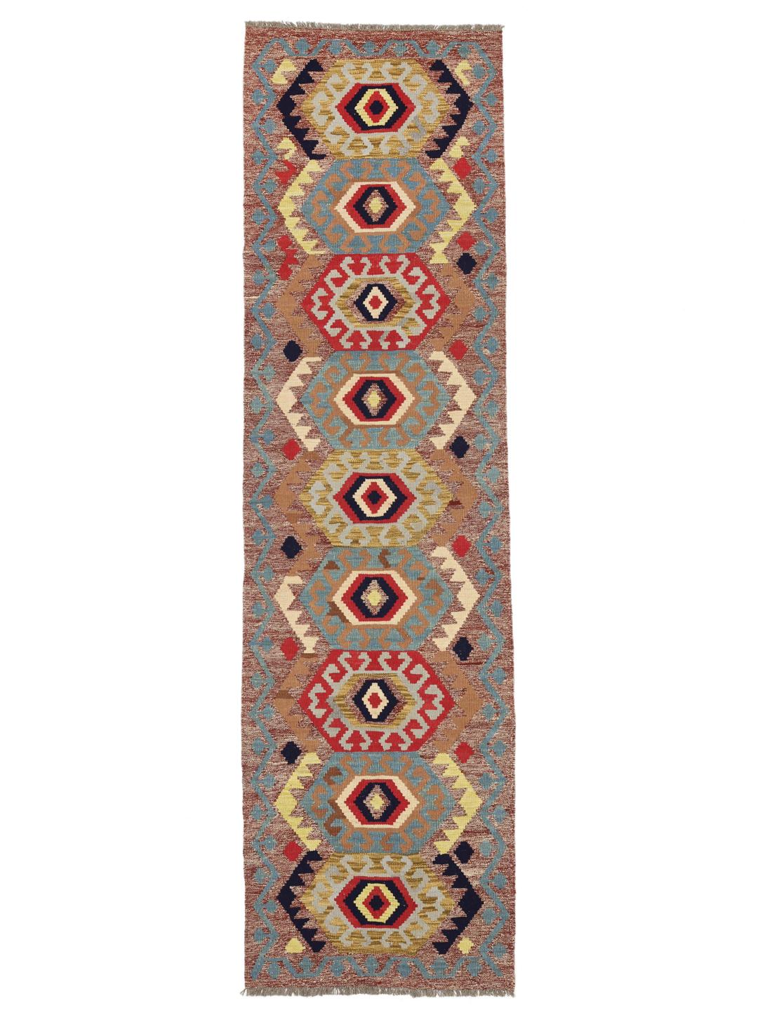 Hand-woven Afghan runner with traditional geometric patterns in multicolour