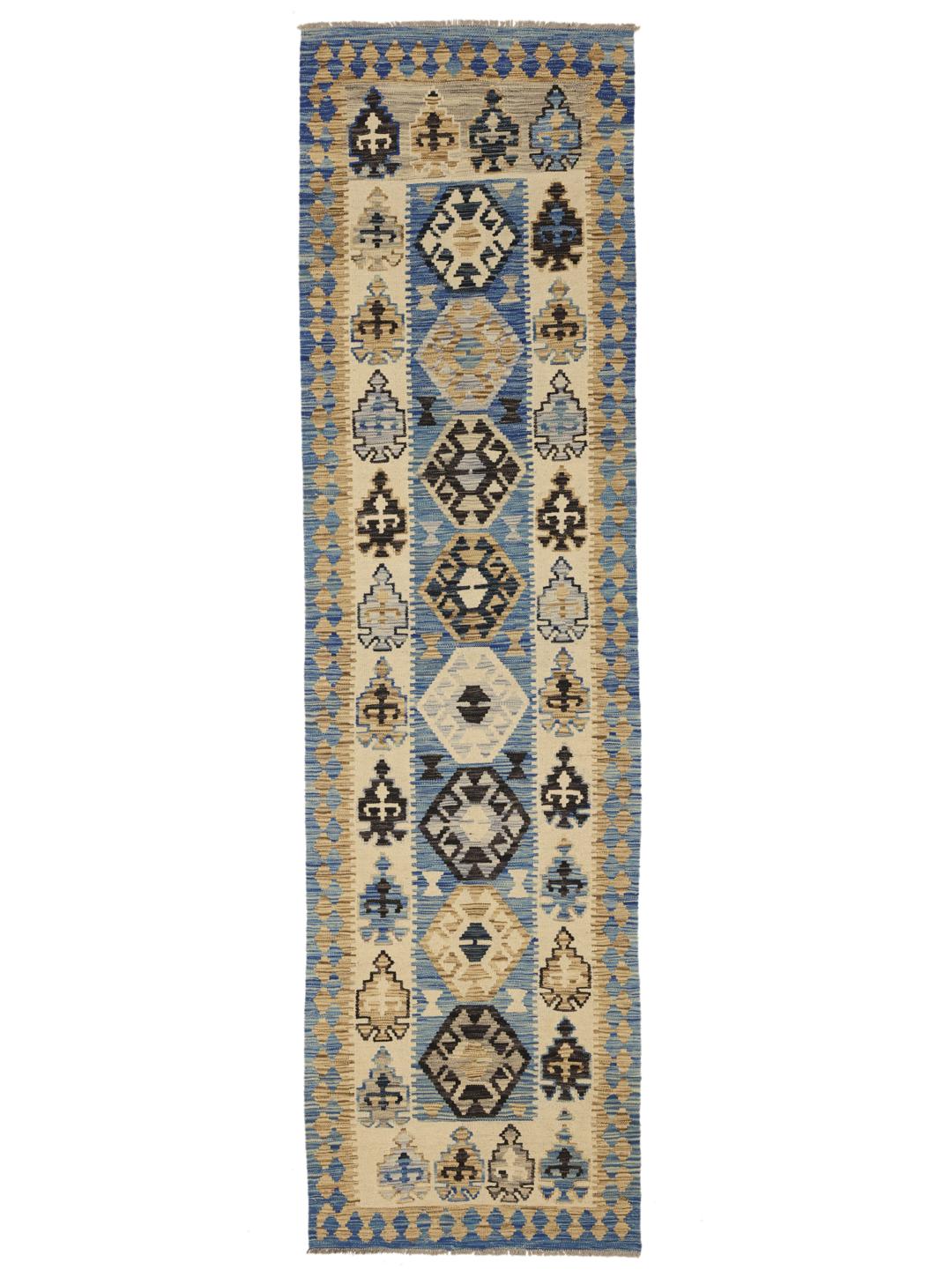 Hand-woven Afghan runner featuring blue and beige geometric patterns