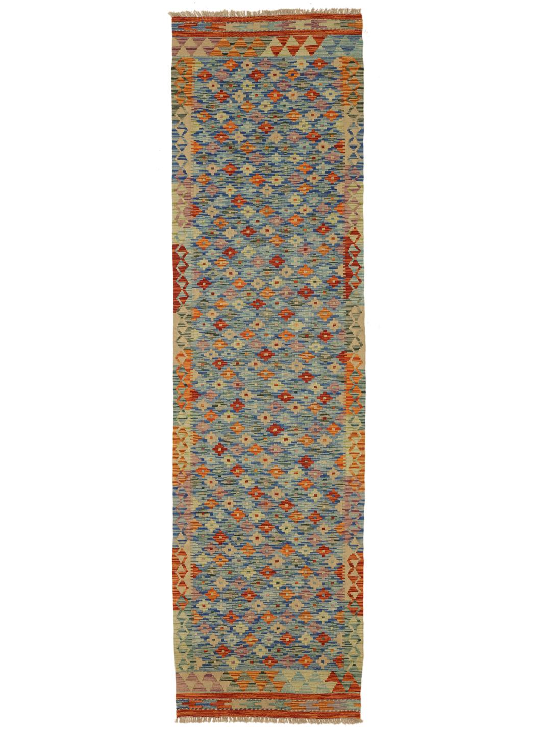 Hand-woven Afghan runner with blue and red geometric motifs