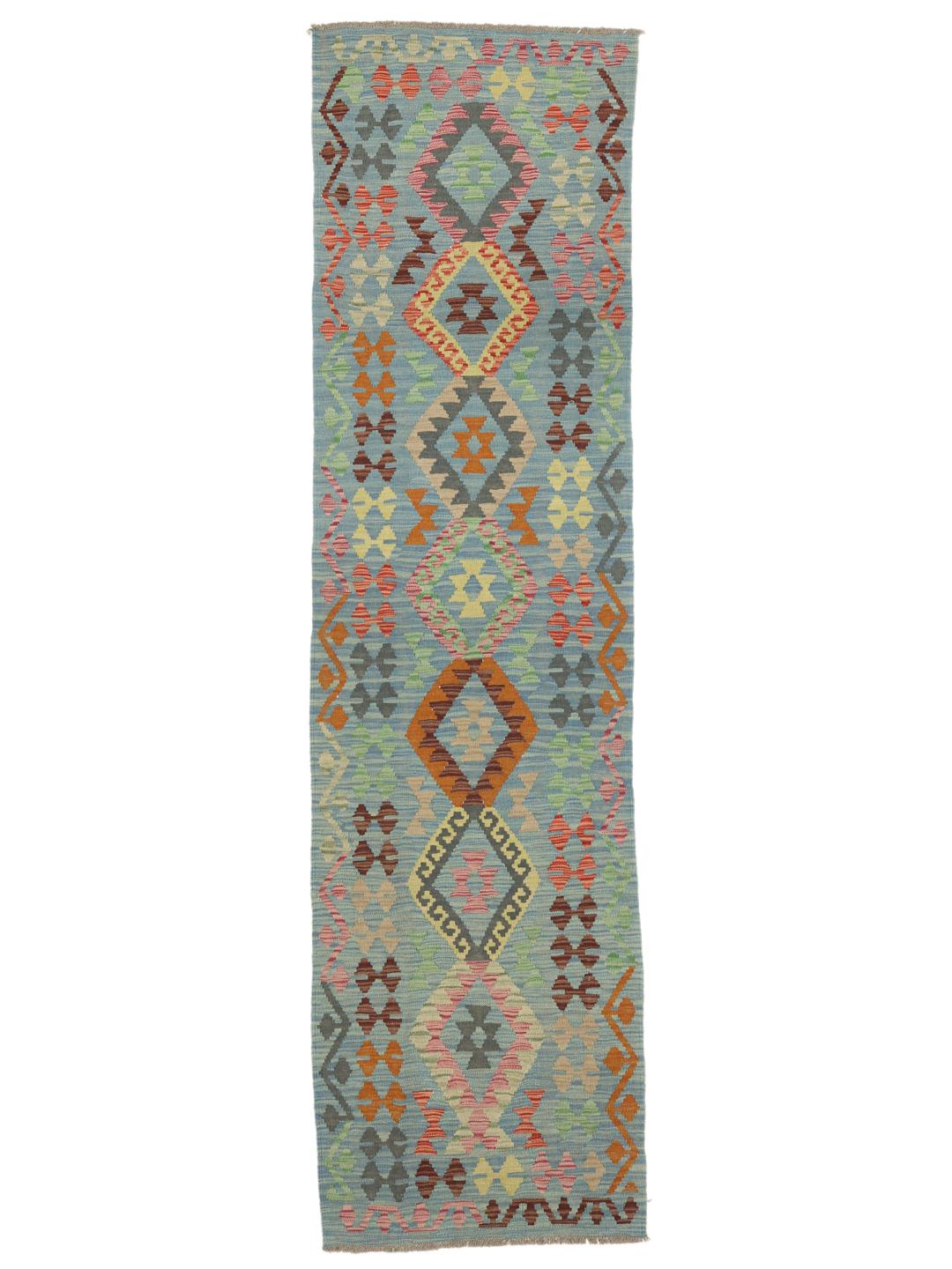 Hand-woven blue Afghan runner with geometric patterns