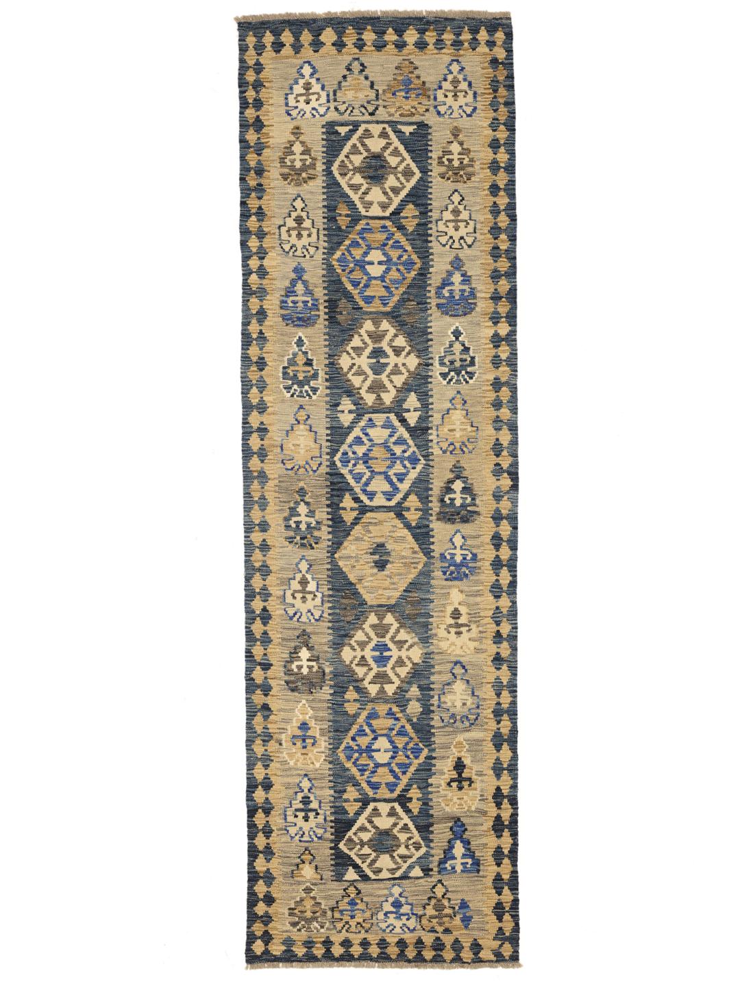 Hand-woven Afghan wool runner with blue and beige geometric patterns