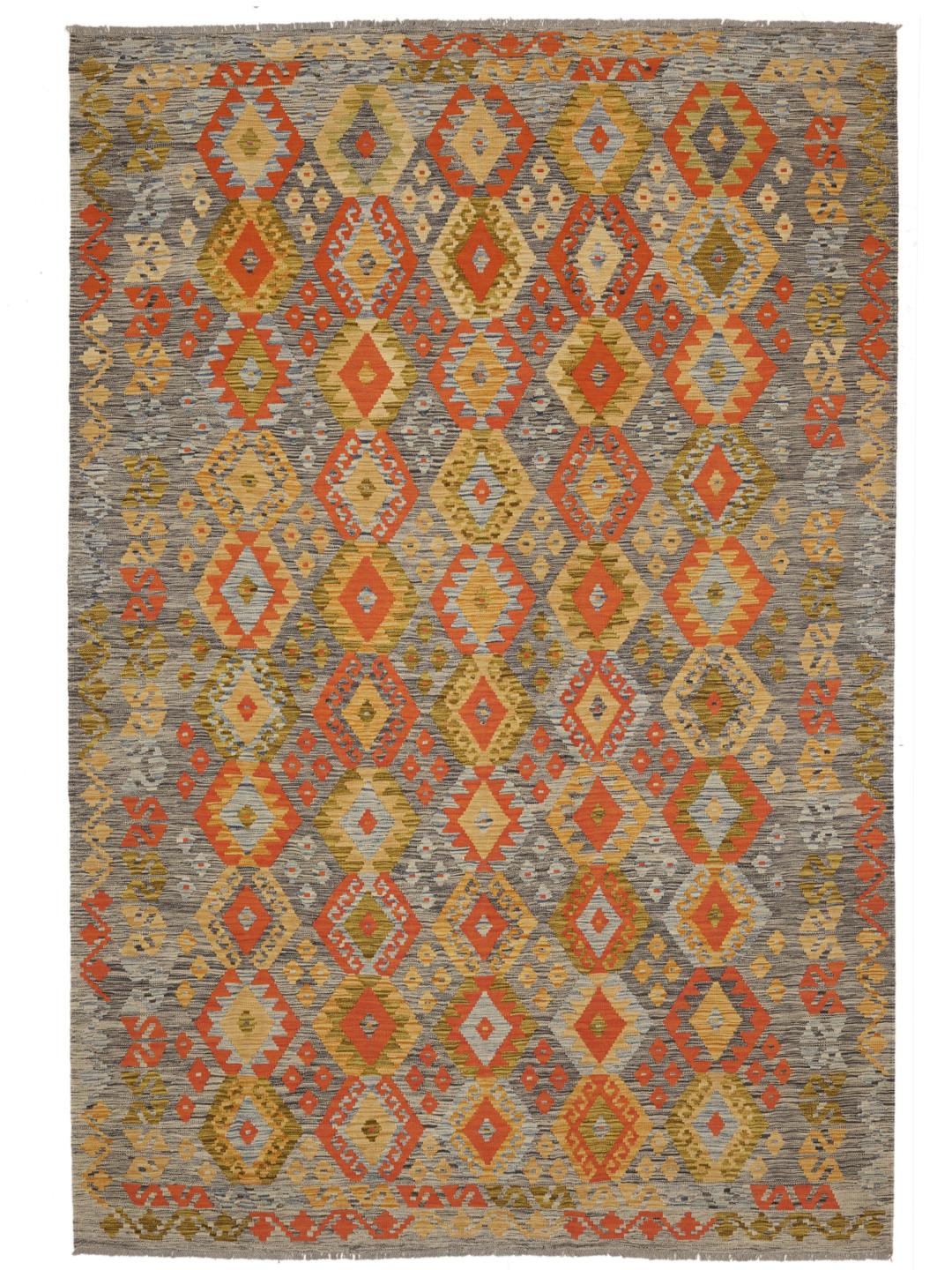 Hand-woven Afghan Kelim rug with geometric diamond patterns in multicolor wool.