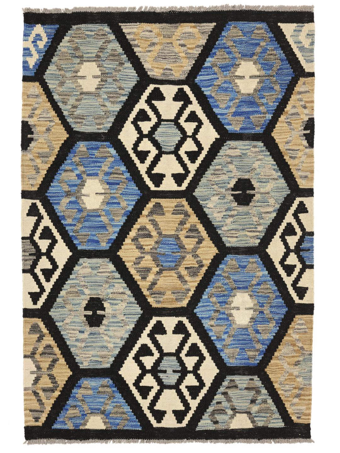 Handgeweven Afghan Kelim-tapijt met een blauw en bruin geometrisch zeshoekig patroon