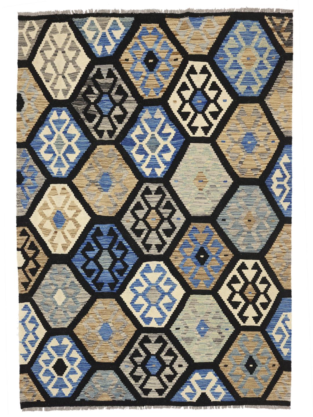 Hand-woven Afghan Kelim rug featuring blue and beige geometric patterns