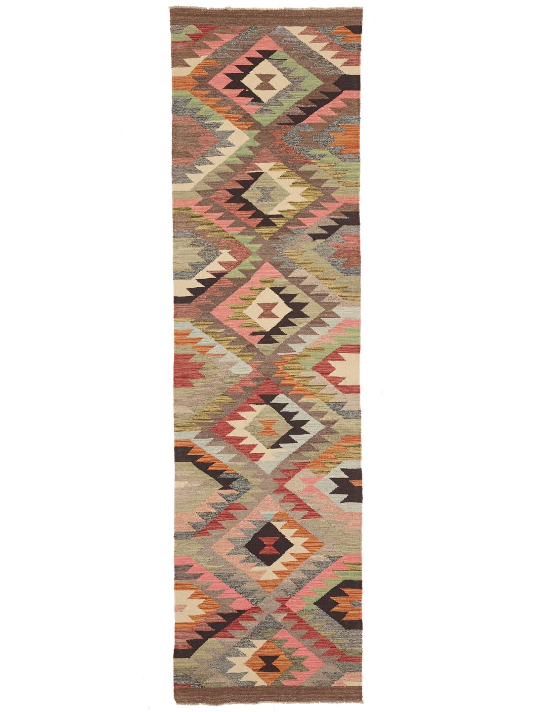 Hand-woven Afghan Kilim runner with a vibrant geometric pattern in multicolor Wool