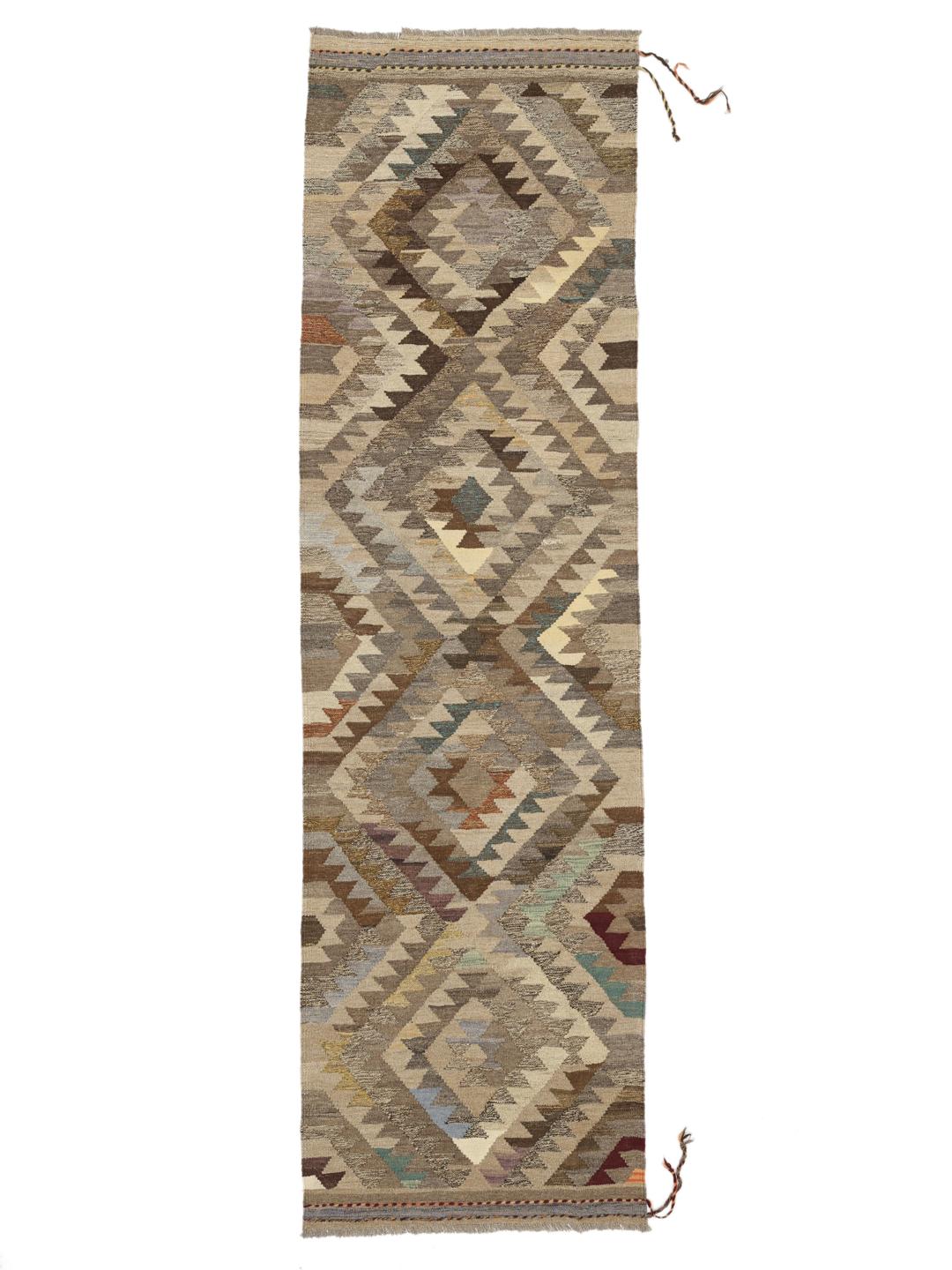 Handgeweven wollen loper uit het Midden-Oosten met beige en veelkleurige geometrische patronen