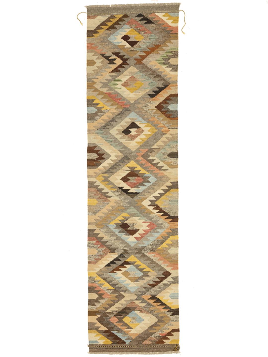 Hand-woven Afghan Kilim runner featuring a vibrant geometric pattern in multicolor Wool