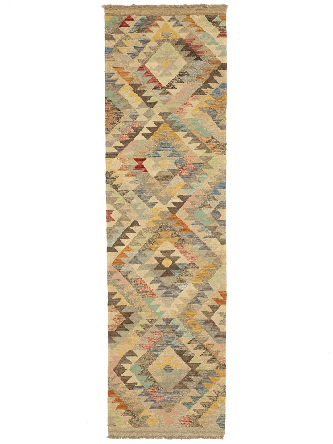 Handgemaakt Afghaans loper tapijt in beige en multicolor