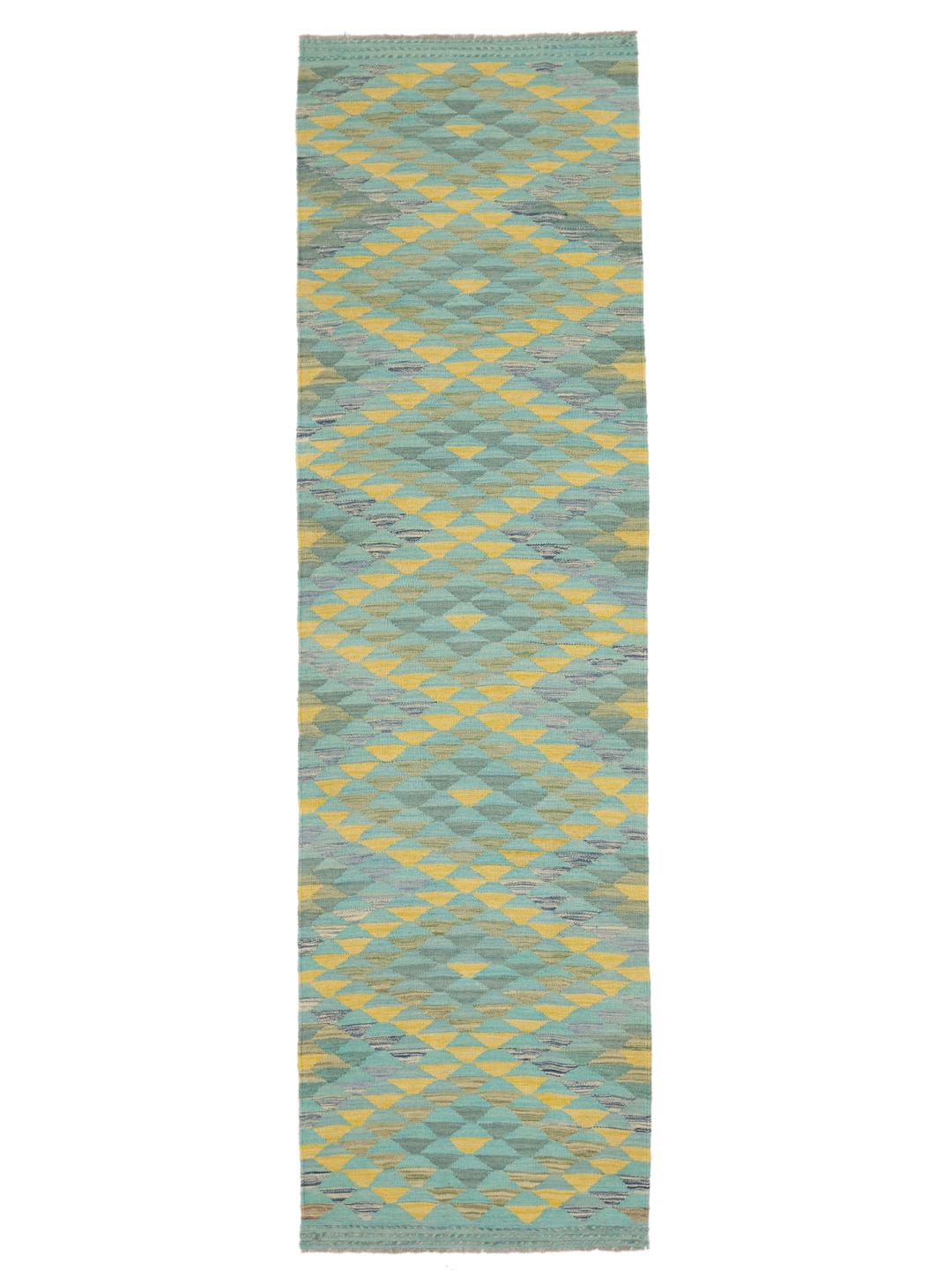 Handmade runner rug from Afghanistan with teal and yellow geometric patterns