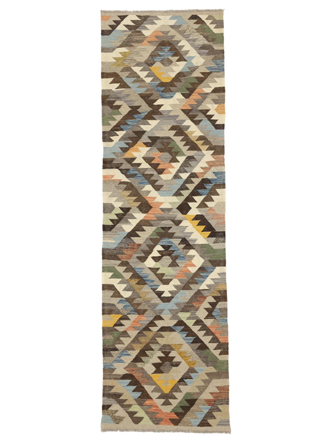 Handgemaakte Kelim Ariana loper uit het Midden-Oosten in multicolor met geometrische patronen
