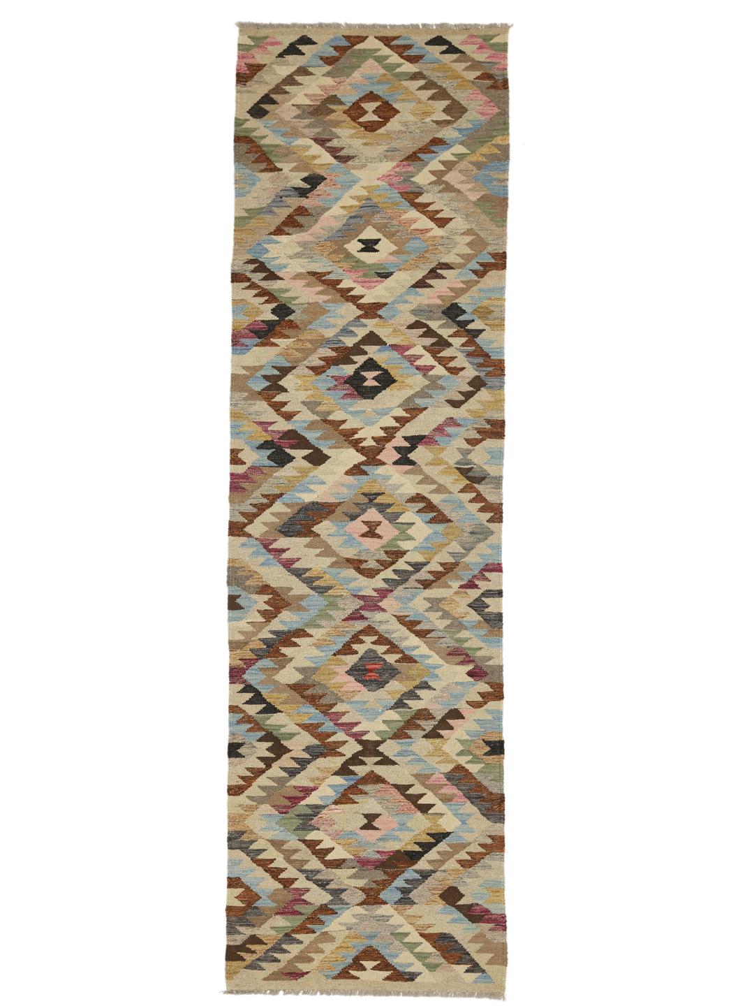 Handmade Middle Eastern runner with multicolor geometric patterns