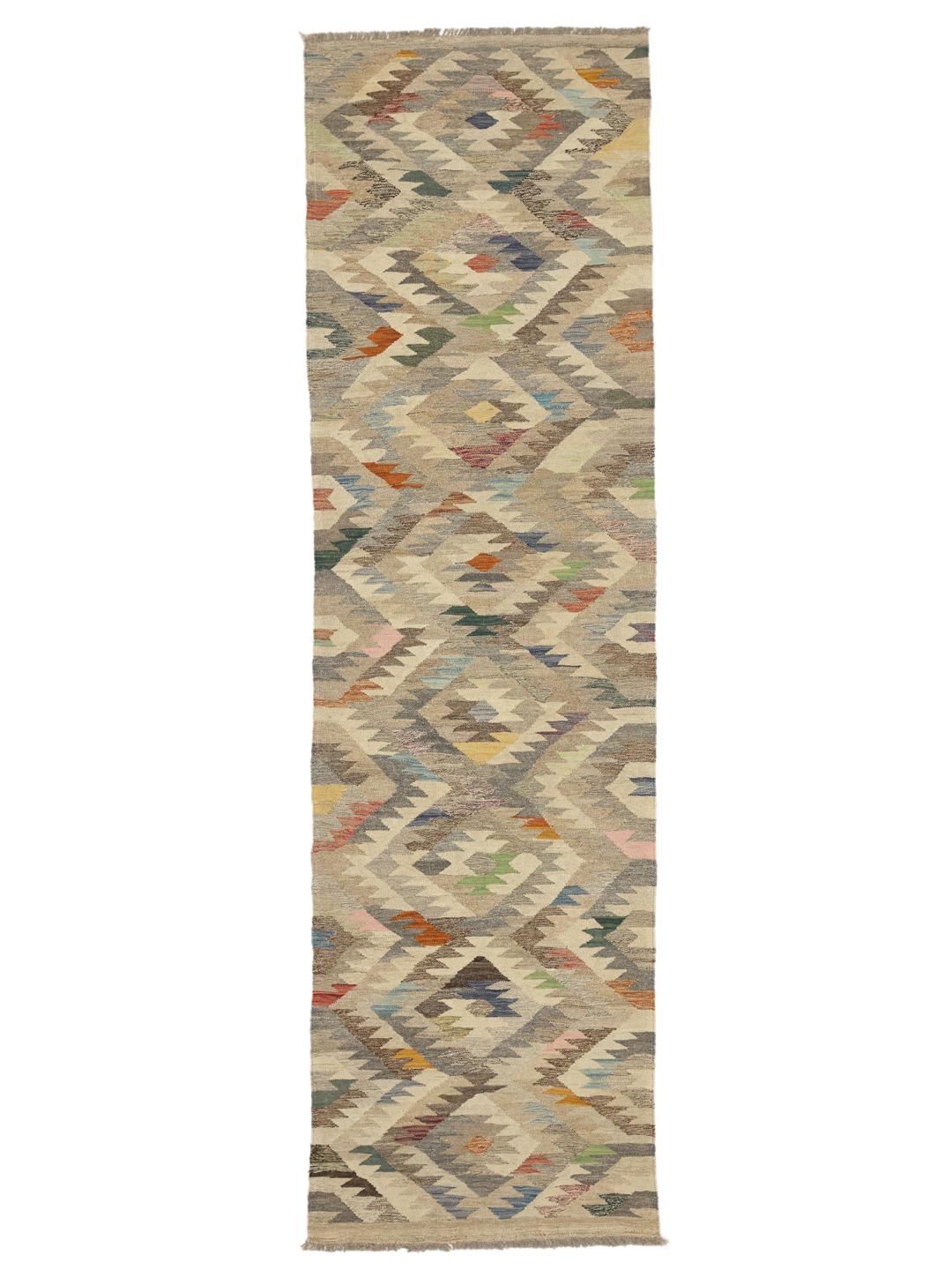 Handgeweven Afghaanse Kelim loper met geometrische patronen in beige en meerkleurig