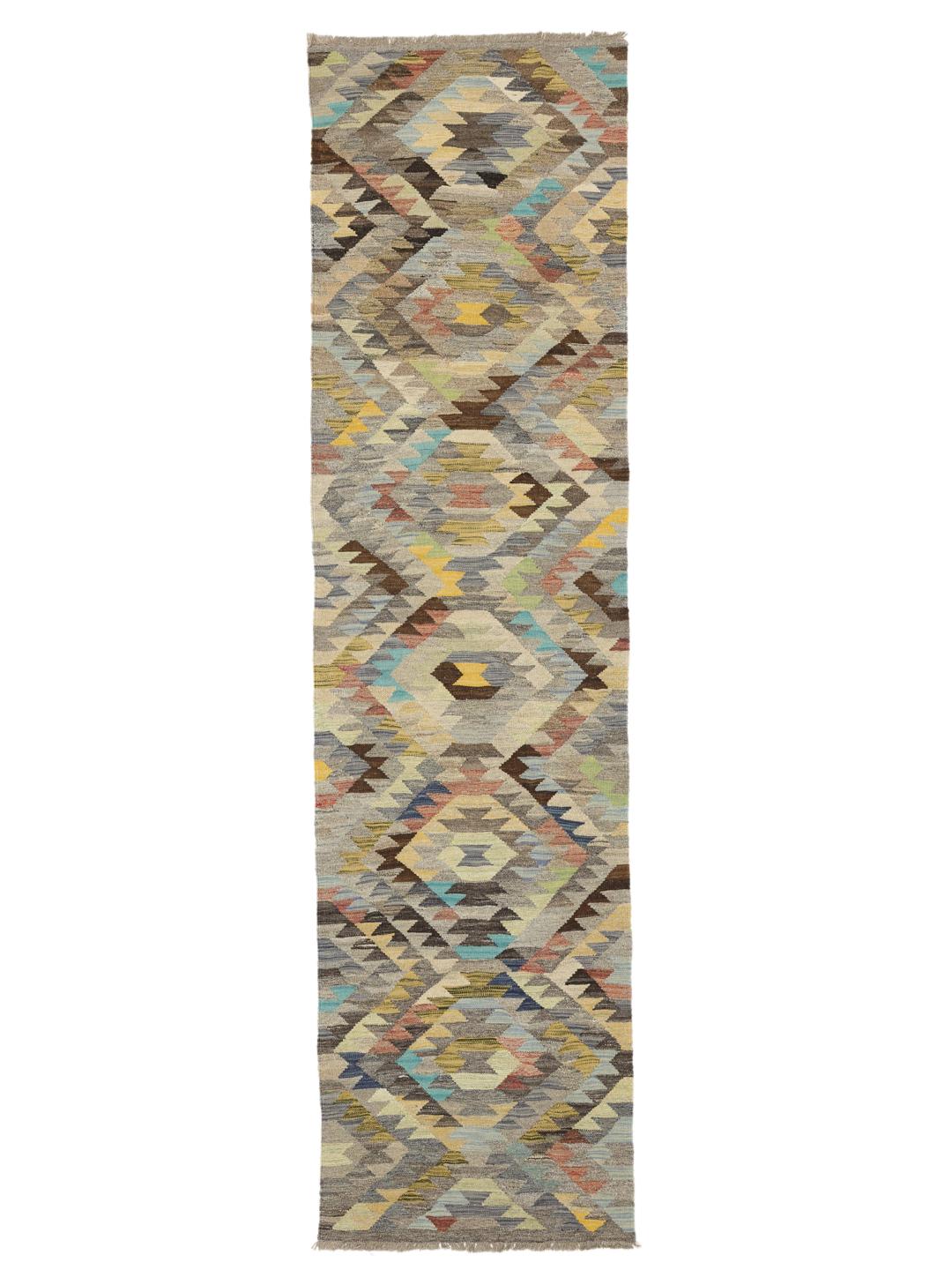 Handgeweven Afghaanse Kelim loper met levendige geometrische patronen in veelkleurige Wool