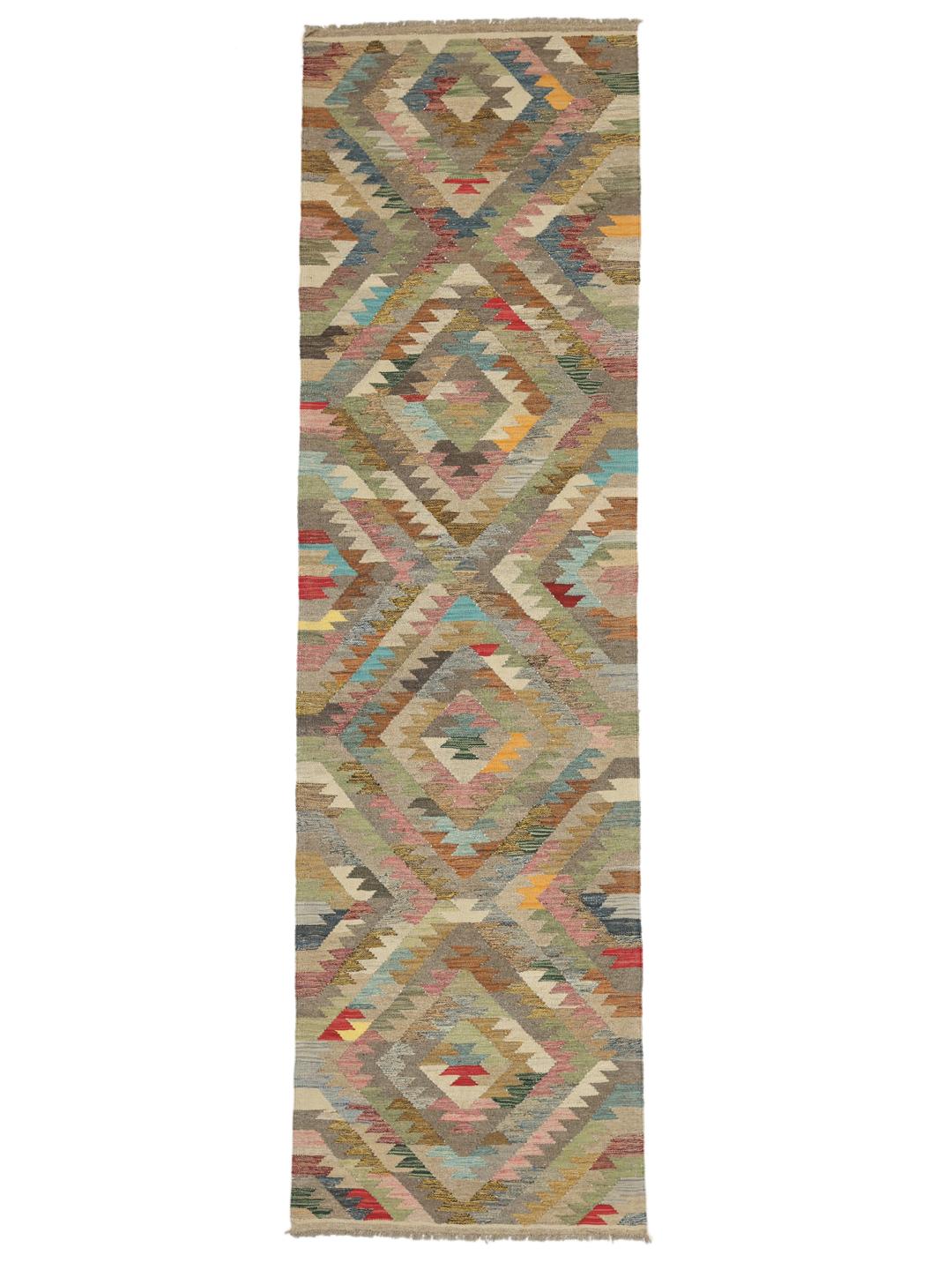 Hand-woven runner from the Middle East with a geometric diamond pattern in multicolour Wool