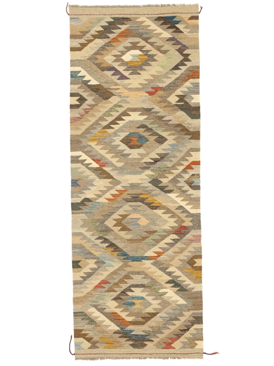 Hand-woven Afghan Kilim runner in earthy tones with geometric diamond patterns