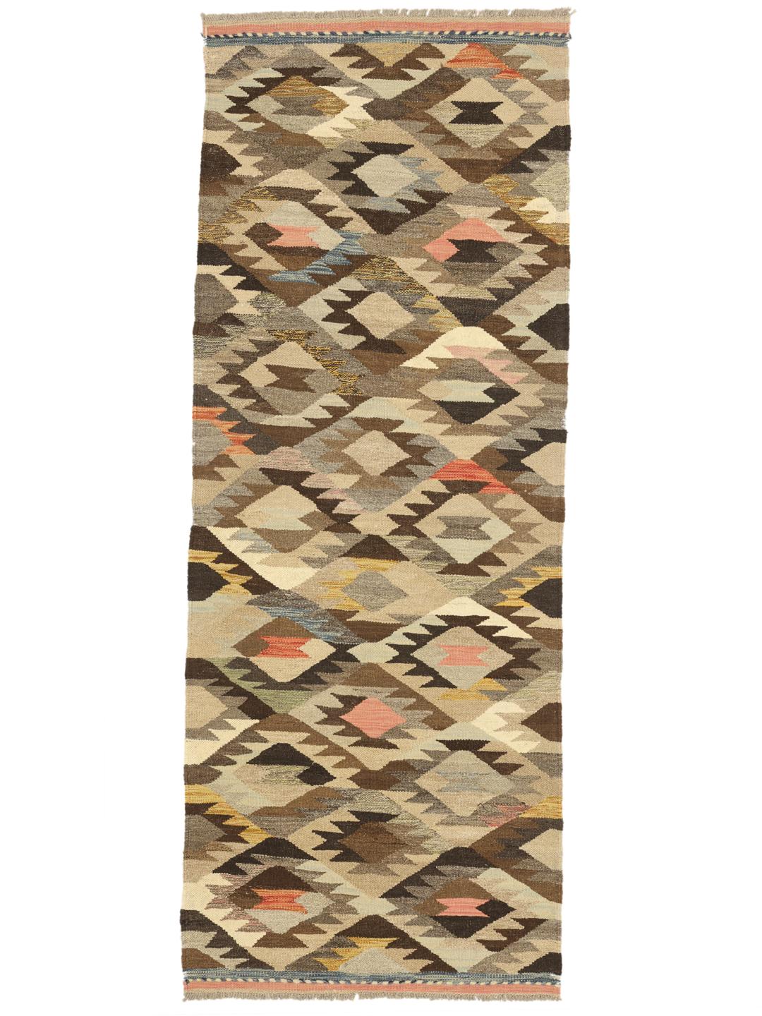 Hand-woven Afghan Wool runner with geometric diamond patterns in brown and earth tones