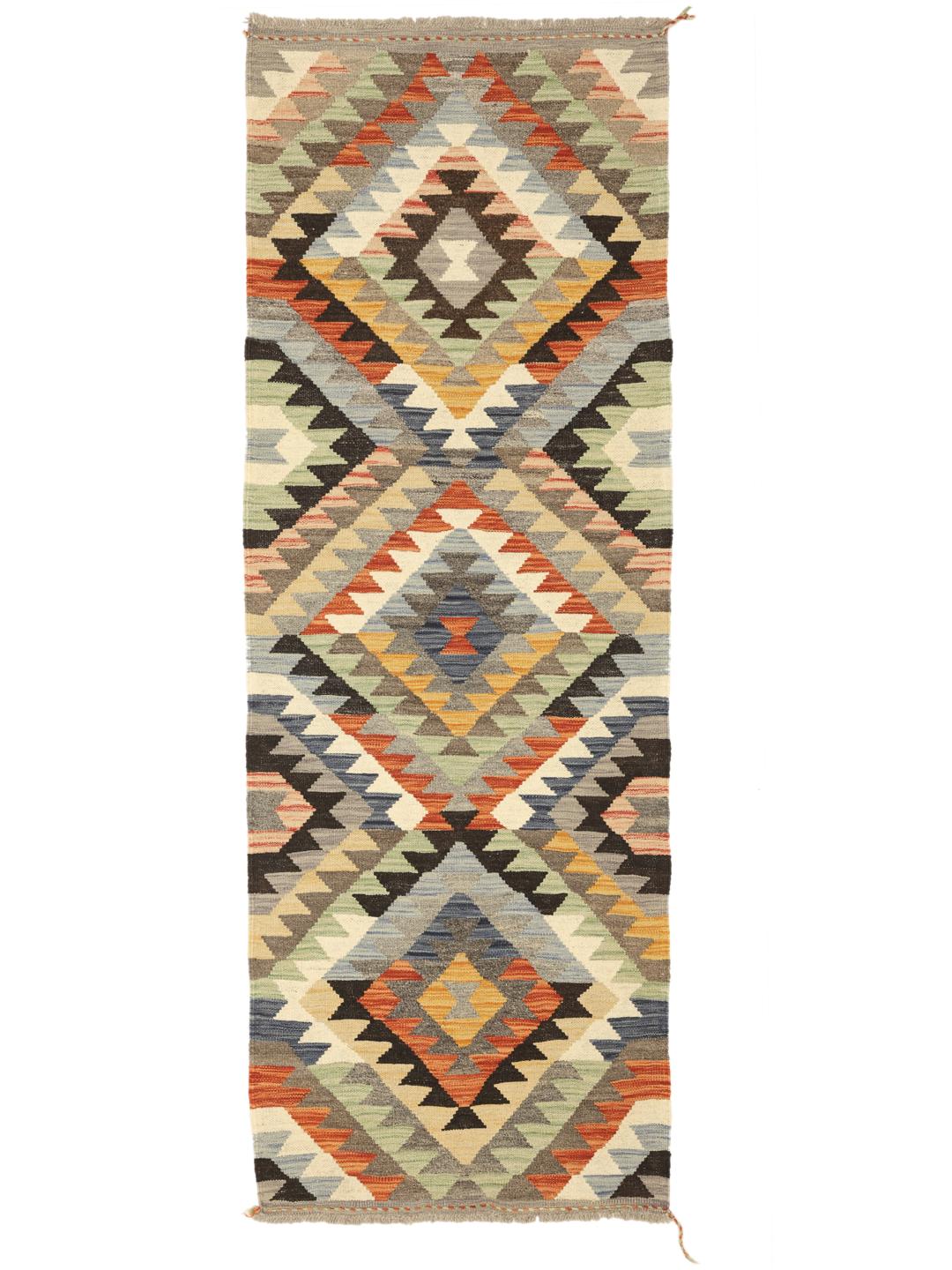 Hand-woven Afghan runner rug in multicoloured geometric pattern