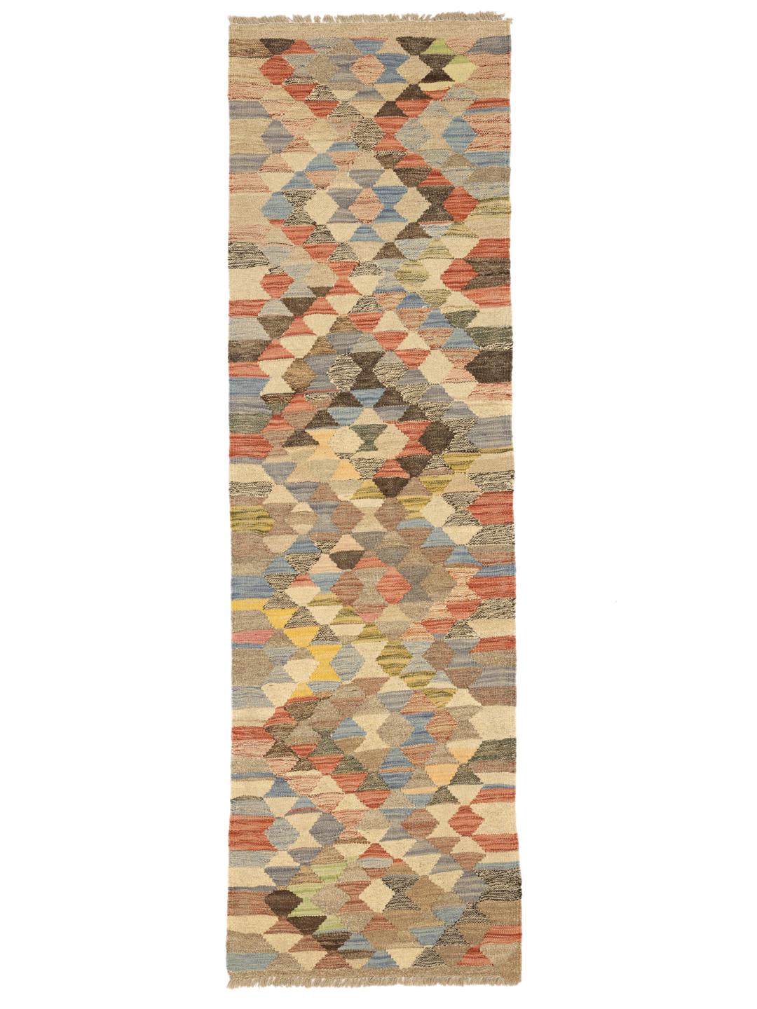 Hand-woven multicolour Afghan Kilim runner with a geometric diamond pattern