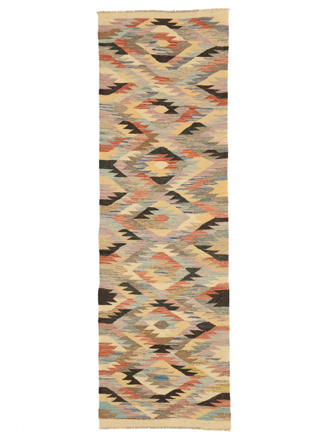Hand-woven Afghan runner rug with a multicolor geometric pattern